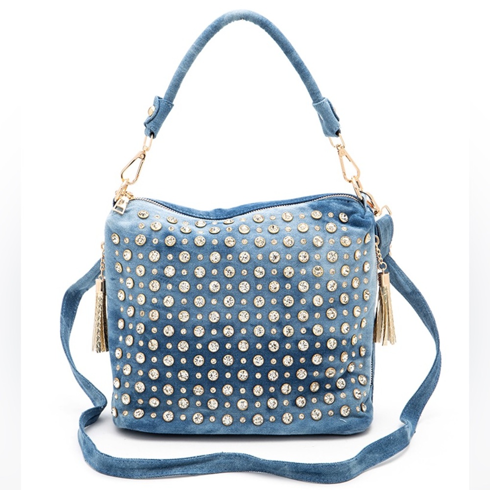 Gold & Denim Blue Studded Top Handle Handbag